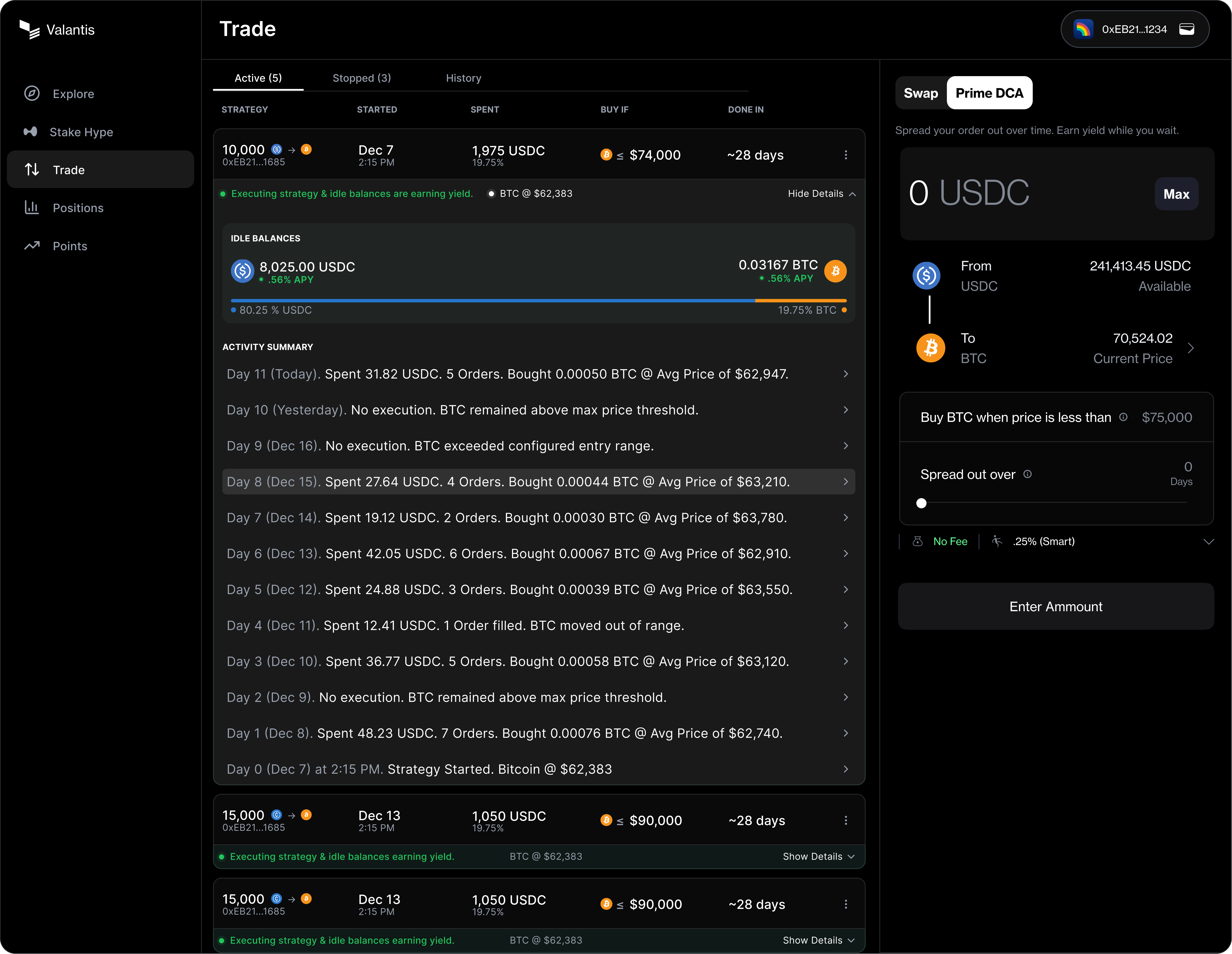 Prime DCA interface preview showing strategy progress, execution logs, and order controls.